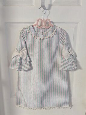 Girls' Pink & Mint Stripe Pom-Trim Dress